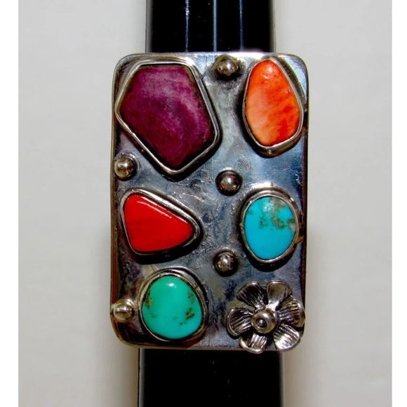 Similar Items to Massive Navajo Cluster Heart Ring Red Spiny  Navajo Orange Red Purple Spiny Cluster Ring Turquoise Sz 8 Sterling Silver